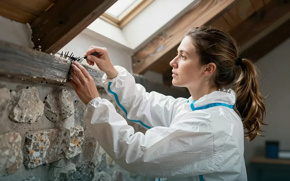 Arbeiten am Gebälk eines historischen Dachstuhls unter Schutzausrüstung