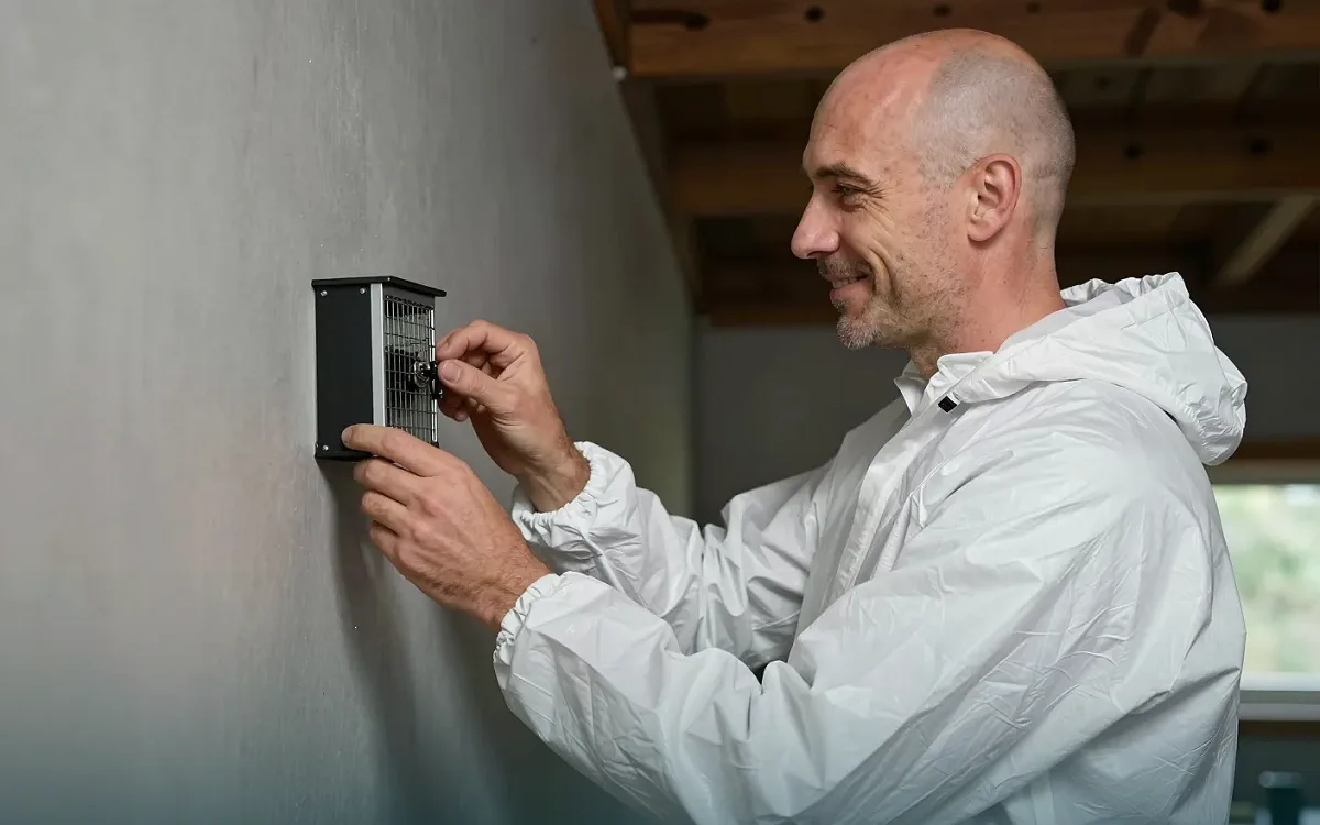 Monitoringfalle wird an der Wand angebracht, um den Befall zu überwachen