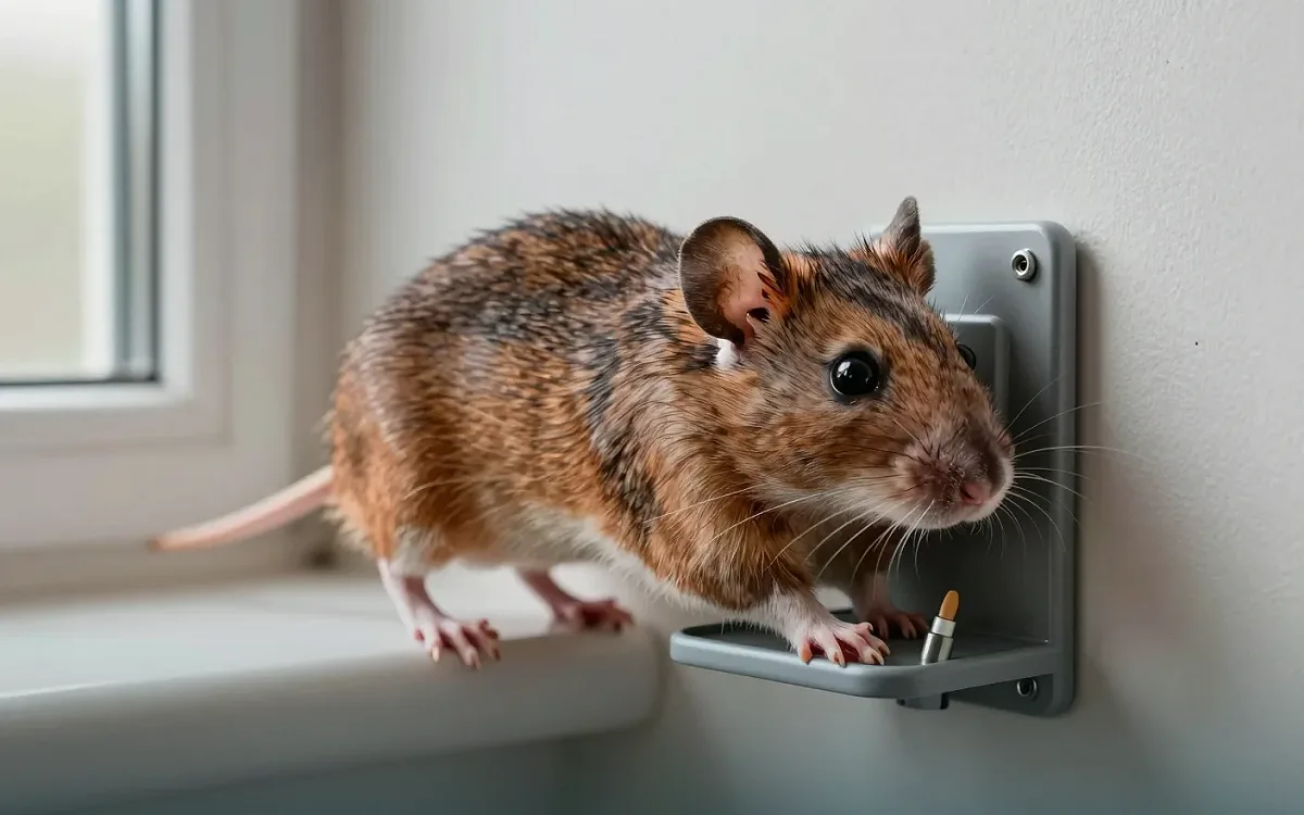 Ratte an einer gesicherten Köderstation an der Wand