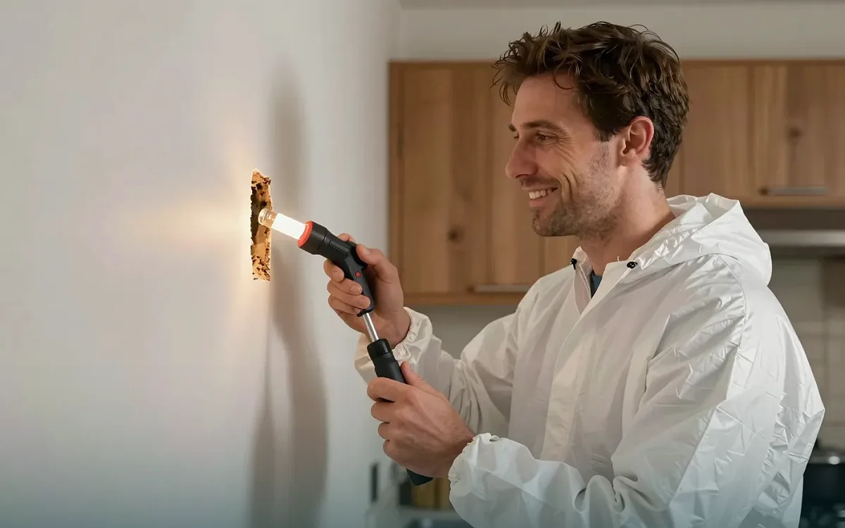 Wandbereich einer Altbauwohnung wird mit der Lampe auf Spuren untersucht
