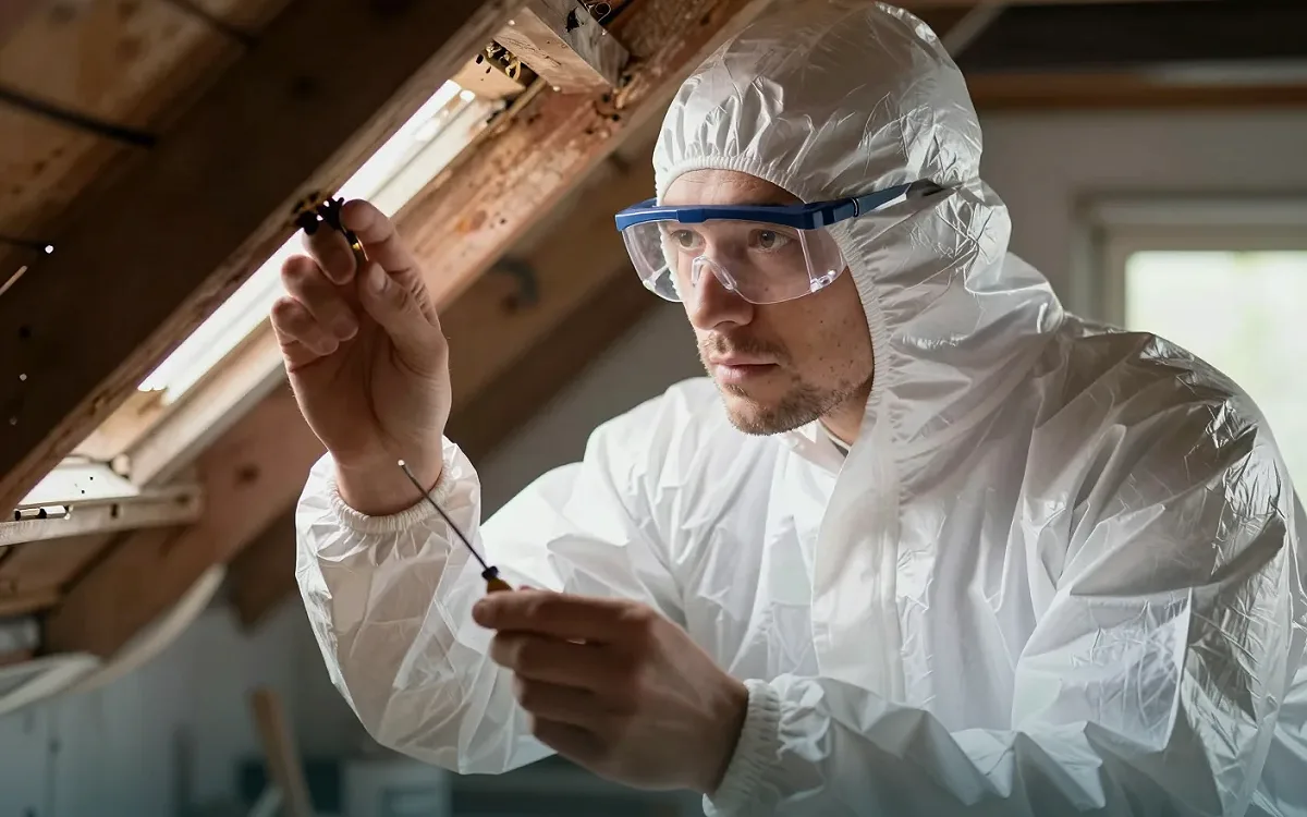 Fachkraft untersucht einen Dachbalken aus nächster Nähe auf ein Nest